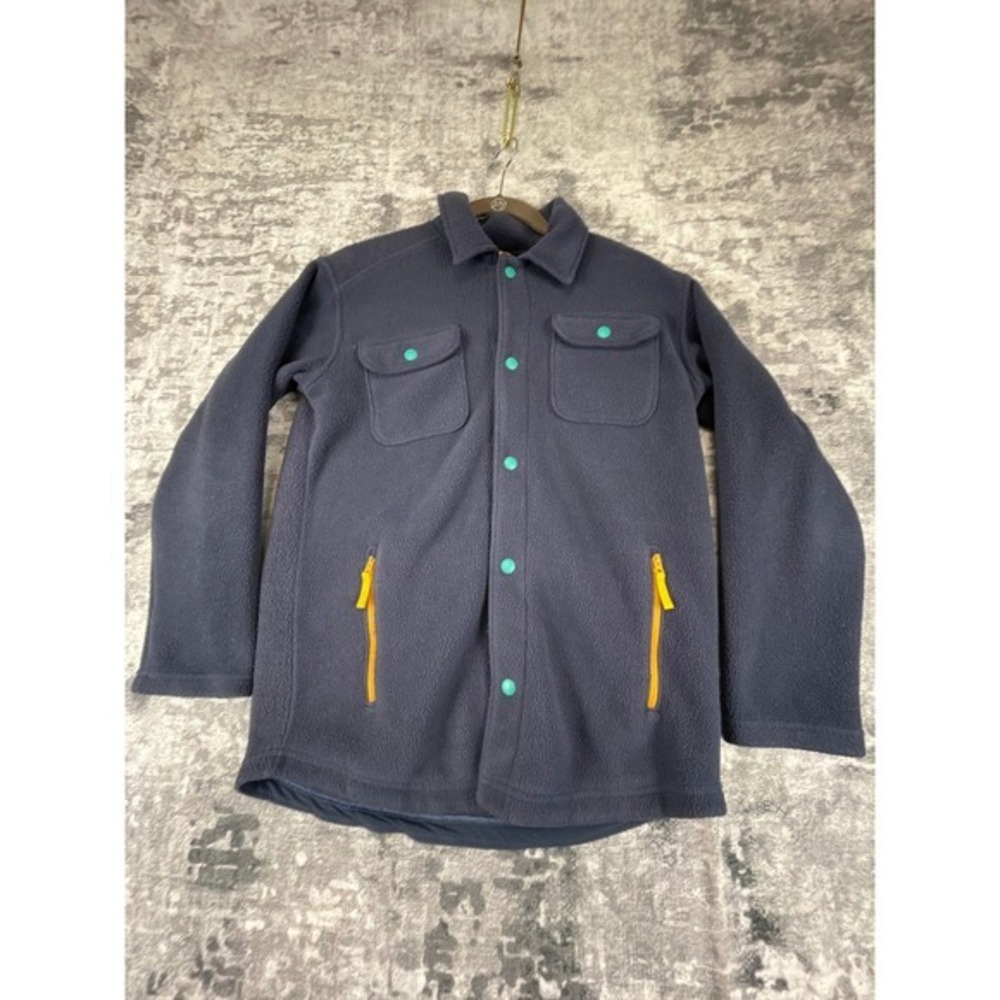 LL Bean Kids Cozy Fleece Blue teal buttons yellow zipper Shacket Jacket M 10-12